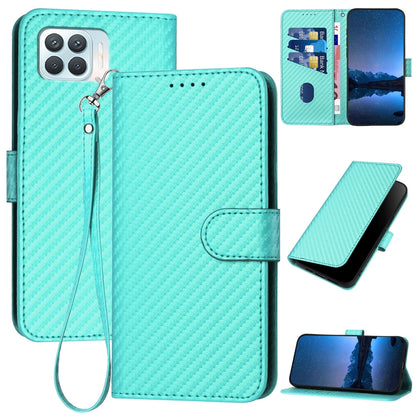 OPPO F17 Pro Carbon Fiber Buckle Leather Phone Case with Lanyard, PU Leather TPU Wallet Cover with Card Slot, Cash Compartment, Stand Function & Scratch Protection