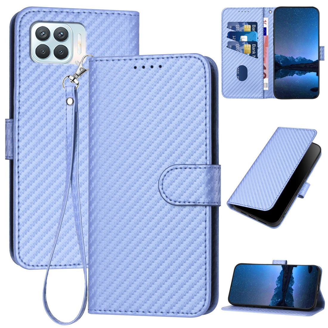 OPPO A93 4G Carbon Fiber Buckle Leather Phone Case with Lanyard, PU Leather TPU Wallet Cover with Card Slot, Cash Compartment, Stand Function & Scratch Protection