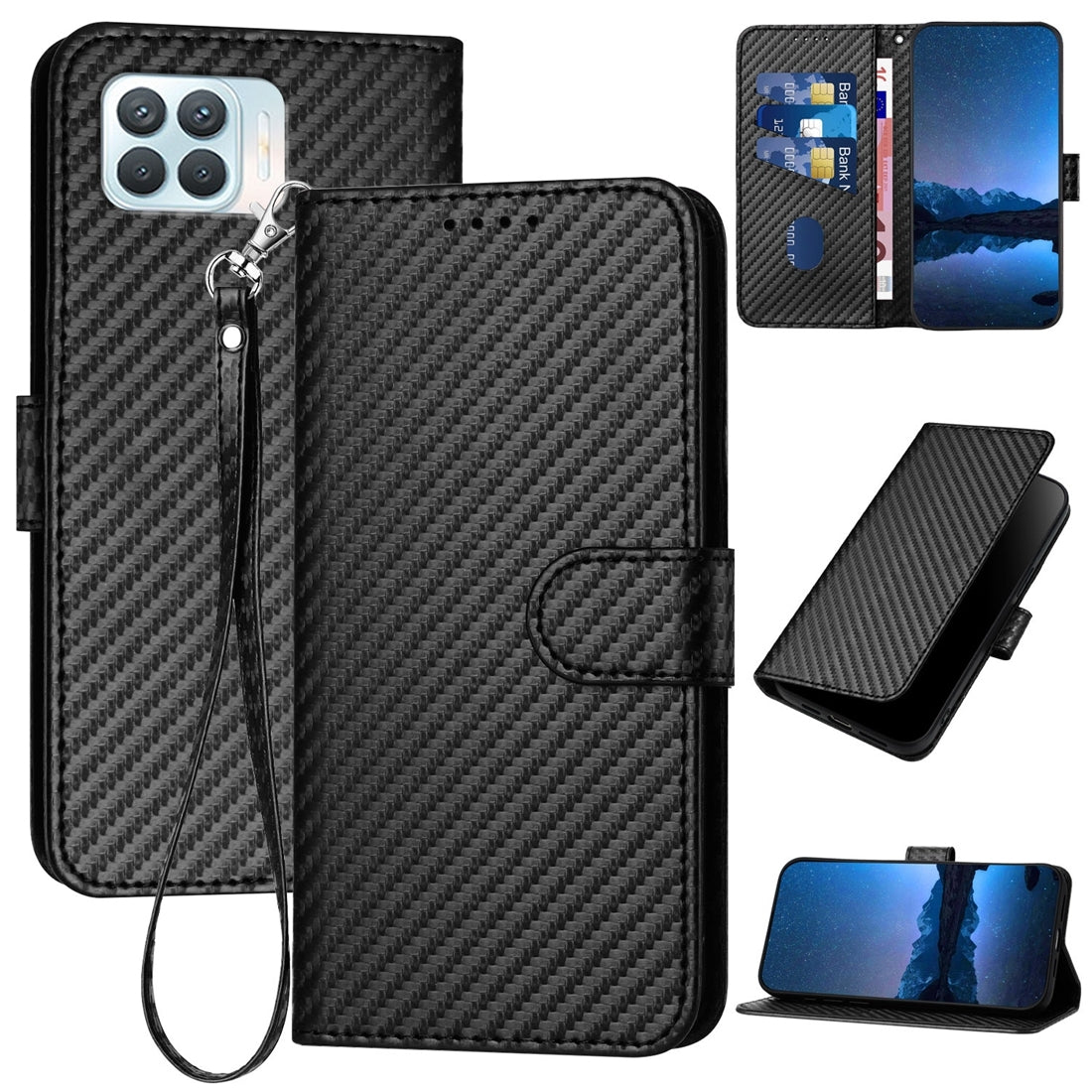OPPO F17 Pro Carbon Fiber Buckle Leather Phone Case with Lanyard, PU Leather TPU Wallet Cover with Card Slot, Cash Compartment, Stand Function & Scratch Protection
