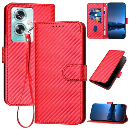 OPPO A79 5G Carbon Fiber Buckle Leather Phone Case with Lanyard, PU Leather TPU Wallet Cover with Card Slot, Cash Compartment, Stand Function & Scratch Protection