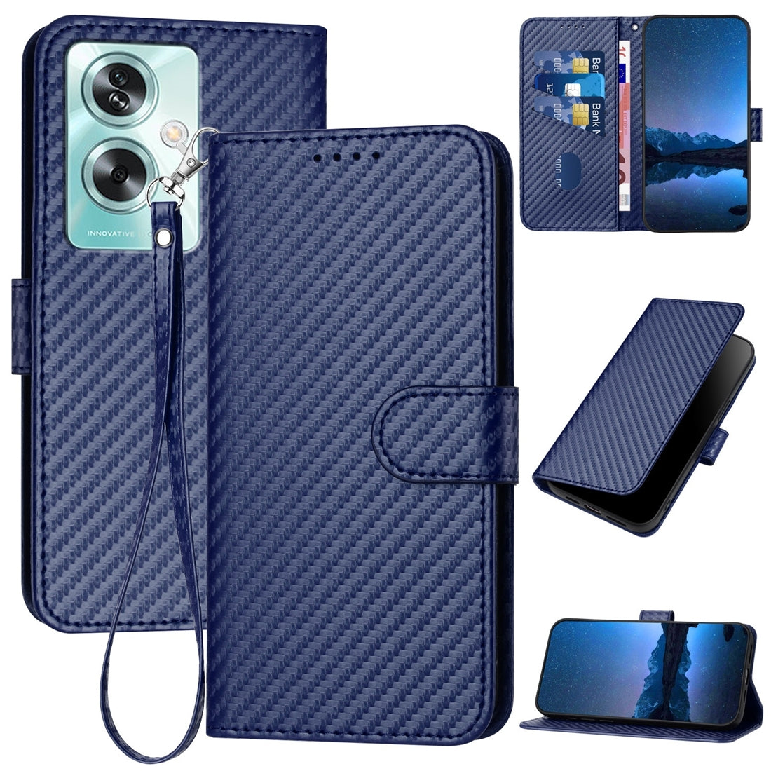 OPPO A79 5G Carbon Fiber Buckle Leather Phone Case with Lanyard, PU Leather TPU Wallet Cover with Card Slot, Cash Compartment, Stand Function & Scratch Protection