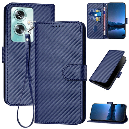 OPPO A79 5G Carbon Fiber Buckle Leather Phone Case with Lanyard, PU Leather TPU Wallet Cover with Card Slot, Cash Compartment, Stand Function & Scratch Protection