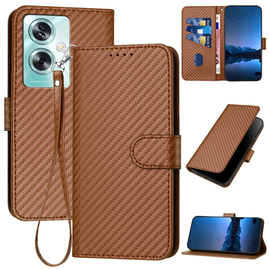 OPPO A79 5G Carbon Fiber Buckle Leather Phone Case with Lanyard, PU Leather TPU Wallet Cover with Card Slot, Cash Compartment, Stand Function & Scratch Protection