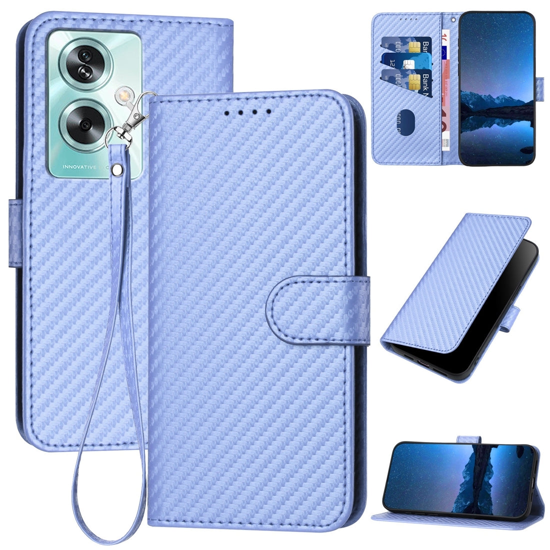 OPPO A79 5G Carbon Fiber Buckle Leather Phone Case with Lanyard, PU Leather TPU Wallet Cover with Card Slot, Cash Compartment, Stand Function & Scratch Protection