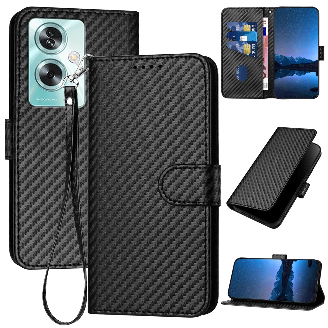 OPPO A79 5G Carbon Fiber Buckle Leather Phone Case with Lanyard, PU Leather TPU Wallet Cover with Card Slot, Cash Compartment, Stand Function & Scratch Protection