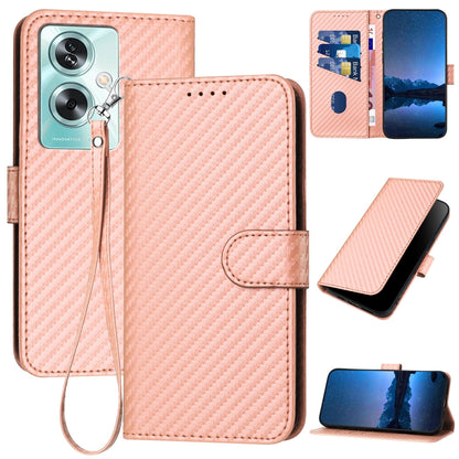 OPPO A79 5G Carbon Fiber Buckle Leather Phone Case with Lanyard, PU Leather TPU Wallet Cover with Card Slot, Cash Compartment, Stand Function & Scratch Protection