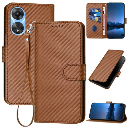 OPPO A78 4G Carbon Fiber Buckle Leather Phone Case with Lanyard, PU Leather TPU Wallet Cover with Card Slot, Cash Compartment, Stand Function & Scratch Protection