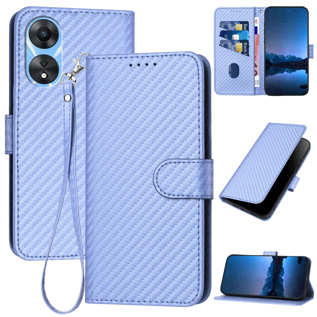 OPPO A78 4G Carbon Fiber Buckle Leather Phone Case with Lanyard, PU Leather TPU Wallet Cover with Card Slot, Cash Compartment, Stand Function & Scratch Protection