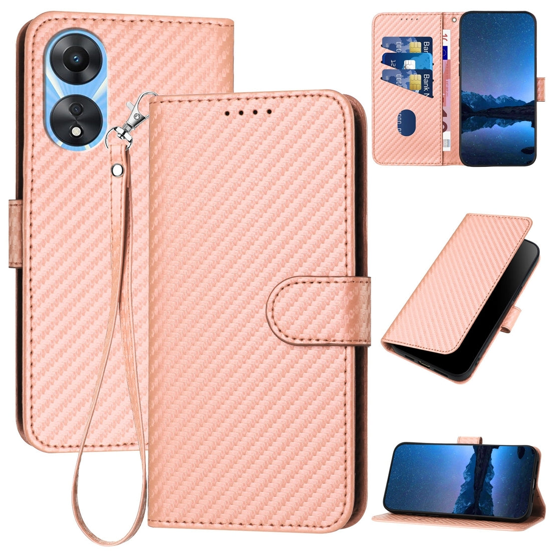OPPO A78 4G Carbon Fiber Buckle Leather Phone Case with Lanyard, PU Leather TPU Wallet Cover with Card Slot, Cash Compartment, Stand Function & Scratch Protection