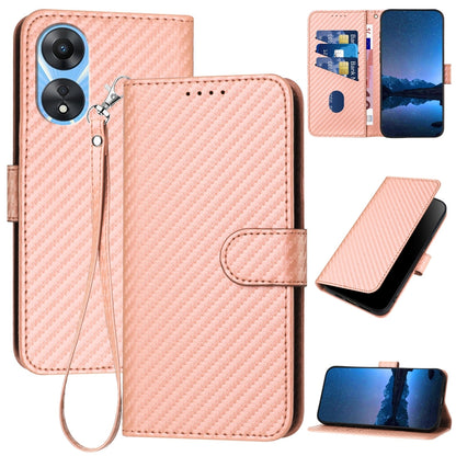 OPPO A78 4G Carbon Fiber Buckle Leather Phone Case with Lanyard, PU Leather TPU Wallet Cover with Card Slot, Cash Compartment, Stand Function & Scratch Protection
