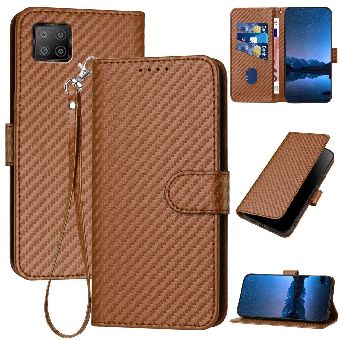 OPPO A73 4G 2020 Carbon Fiber Buckle Leather Phone Case with Lanyard, PU Leather TPU Wallet Cover with Card Slot, Cash Compartment, Stand Function & Scratch Protection