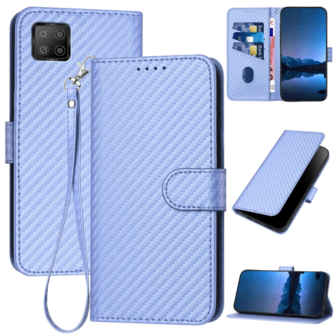 OPPO A73 4G 2020 Carbon Fiber Buckle Leather Phone Case with Lanyard, PU Leather TPU Wallet Cover with Card Slot, Cash Compartment, Stand Function & Scratch Protection