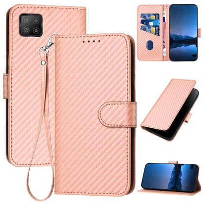 OPPO A73 4G 2020 Carbon Fiber Buckle Leather Phone Case with Lanyard, PU Leather TPU Wallet Cover with Card Slot, Cash Compartment, Stand Function & Scratch Protection
