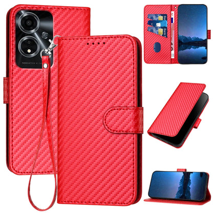 OPPO A59 5G Carbon Fiber Buckle Leather Phone Case with Lanyard, PU Leather TPU Wallet Cover with Card Slot, Cash Compartment, Stand Function & Scratch Protection