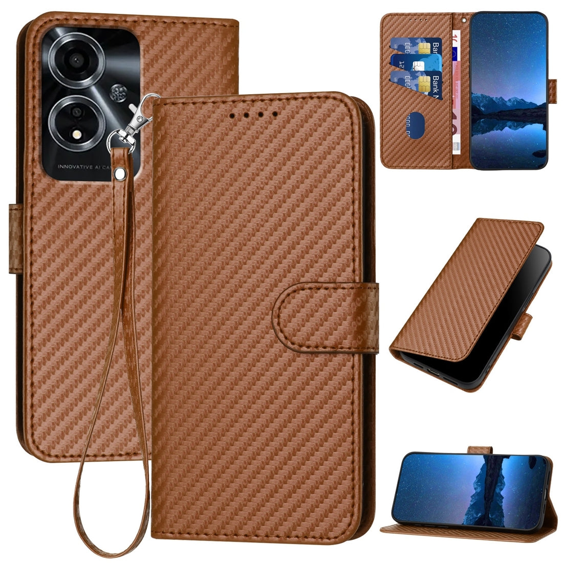 OPPO A59 5G Carbon Fiber Buckle Leather Phone Case with Lanyard, PU Leather TPU Wallet Cover with Card Slot, Cash Compartment, Stand Function & Scratch Protection