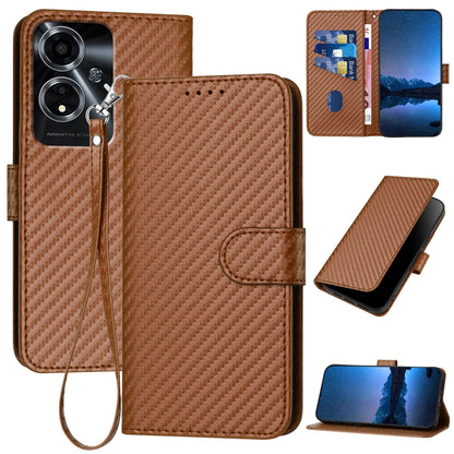 OPPO A59 5G Carbon Fiber Buckle Leather Phone Case with Lanyard, PU Leather TPU Wallet Cover with Card Slot, Cash Compartment, Stand Function & Scratch Protection