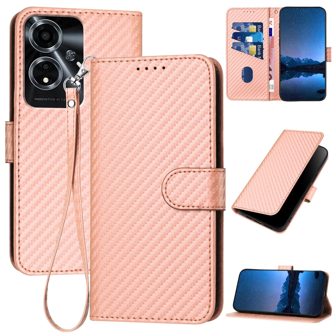 OPPO A59 5G Carbon Fiber Buckle Leather Phone Case with Lanyard, PU Leather TPU Wallet Cover with Card Slot, Cash Compartment, Stand Function & Scratch Protection