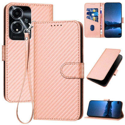 OPPO A59 5G Carbon Fiber Buckle Leather Phone Case with Lanyard, PU Leather TPU Wallet Cover with Card Slot, Cash Compartment, Stand Function & Scratch Protection