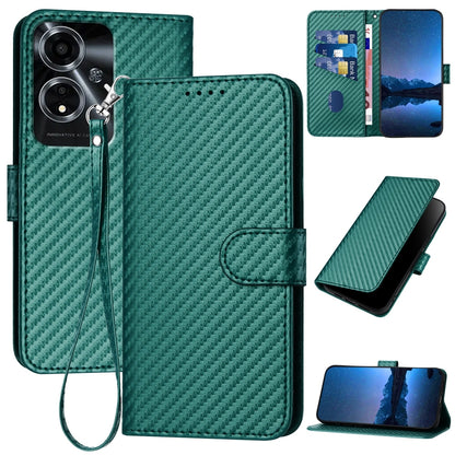 OPPO A59 5G Carbon Fiber Buckle Leather Phone Case with Lanyard, PU Leather TPU Wallet Cover with Card Slot, Cash Compartment, Stand Function & Scratch Protection