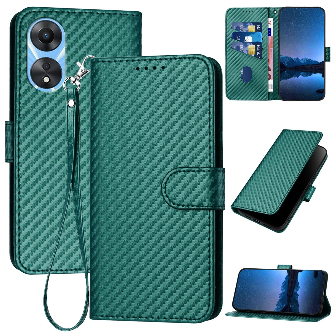 OPPO A58 4G Carbon Fiber Buckle Leather Phone Case with Lanyard, PU Leather TPU Wallet Cover with Card Slot, Cash Compartment, Stand Function & Scratch Protection