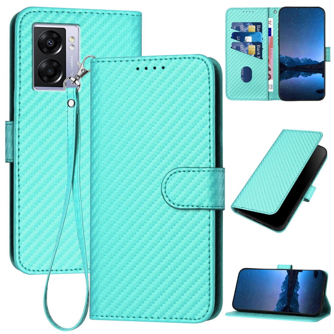 OPPO A77 5G Carbon Fiber Buckle Leather Phone Case with Lanyard, PU Leather TPU Wallet Cover with Card Slot, Cash Compartment, Stand Function & Scratch Protection