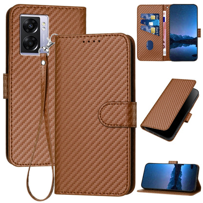 OPPO A77 5G Carbon Fiber Buckle Leather Phone Case with Lanyard, PU Leather TPU Wallet Cover with Card Slot, Cash Compartment, Stand Function & Scratch Protection