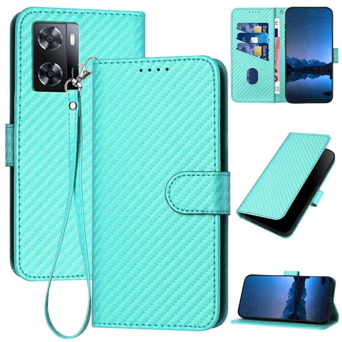 OPPO A57 4G Carbon Fiber Buckle Leather Phone Case with Lanyard, PU Leather TPU Wallet Cover with Card Slot, Cash Compartment, Stand Function & Scratch Protection