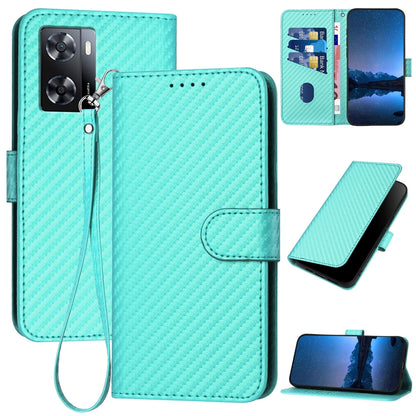 OPPO A77 4G Carbon Fiber Buckle Leather Phone Case with Lanyard, PU Leather TPU Wallet Cover with Card Slot, Cash Compartment, Stand Function & Scratch Protection