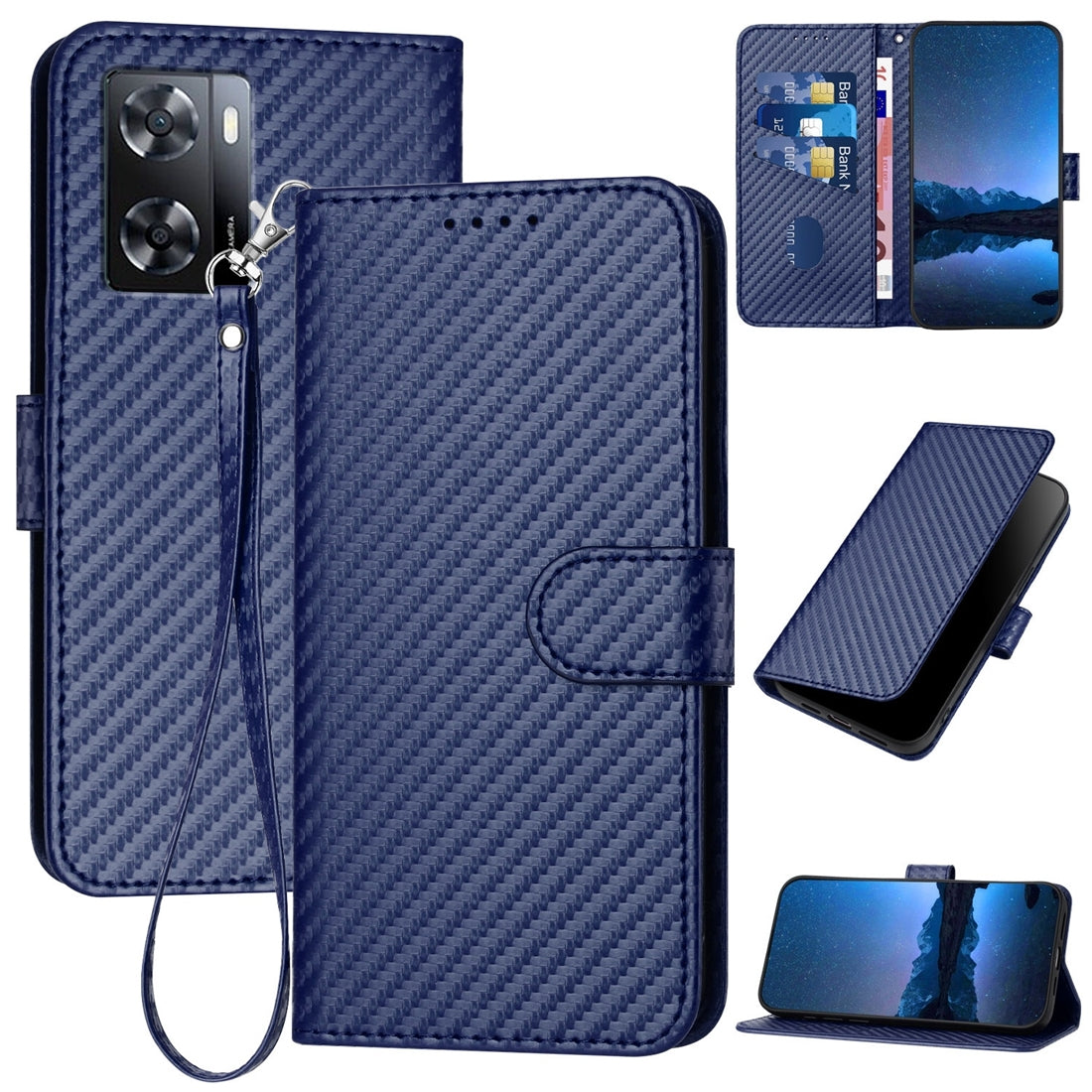 OPPO A57e 4G Carbon Fiber Buckle Leather Phone Case with Lanyard, PU Leather TPU Wallet Cover with Card Slot, Cash Compartment, Stand Function & Scratch Protection