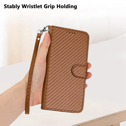 OPPO A57e 4G Carbon Fiber Buckle Leather Phone Case with Lanyard, PU Leather TPU Wallet Cover with Card Slot, Cash Compartment, Stand Function & Scratch Protection