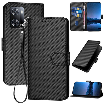OPPO A57s 4G Carbon Fiber Buckle Leather Phone Case with Lanyard, PU Leather TPU Wallet Cover with Card Slot, Cash Compartment, Stand Function & Scratch Protection