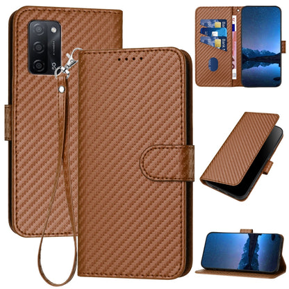 OPPO A55 5G Carbon Fiber Buckle Leather Phone Case with Lanyard, PU Leather TPU Wallet Cover with Card Slot, Cash Compartment, Stand Function & Scratch Protection