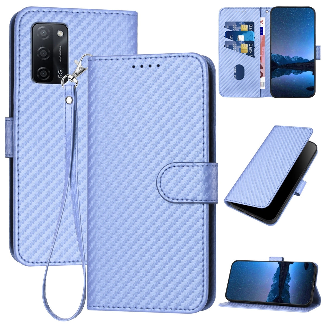 OPPO A53s 5G Carbon Fiber Buckle Leather Phone Case with Lanyard, PU Leather TPU Wallet Cover with Card Slot, Cash Compartment, Stand Function & Scratch Protection
