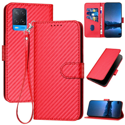 OPPO A54 4G Carbon Fiber Buckle Leather Phone Case with Lanyard, PU Leather TPU Wallet Cover with Card Slot, Cash Compartment, Stand Function & Scratch Protection