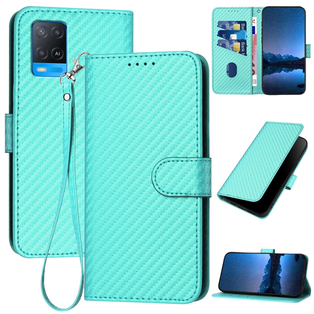 OPPO A54 4G Carbon Fiber Buckle Leather Phone Case with Lanyard, PU Leather TPU Wallet Cover with Card Slot, Cash Compartment, Stand Function & Scratch Protection