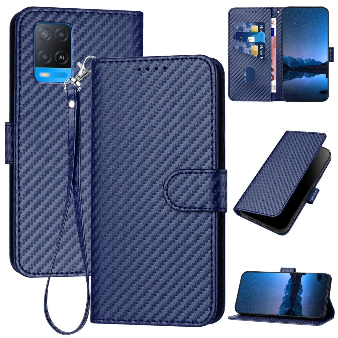 OPPO A54 4G Carbon Fiber Buckle Leather Phone Case with Lanyard, PU Leather TPU Wallet Cover with Card Slot, Cash Compartment, Stand Function & Scratch Protection