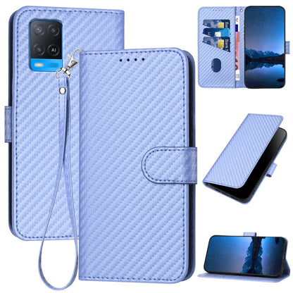 OPPO A54 4G Carbon Fiber Buckle Leather Phone Case with Lanyard, PU Leather TPU Wallet Cover with Card Slot, Cash Compartment, Stand Function & Scratch Protection