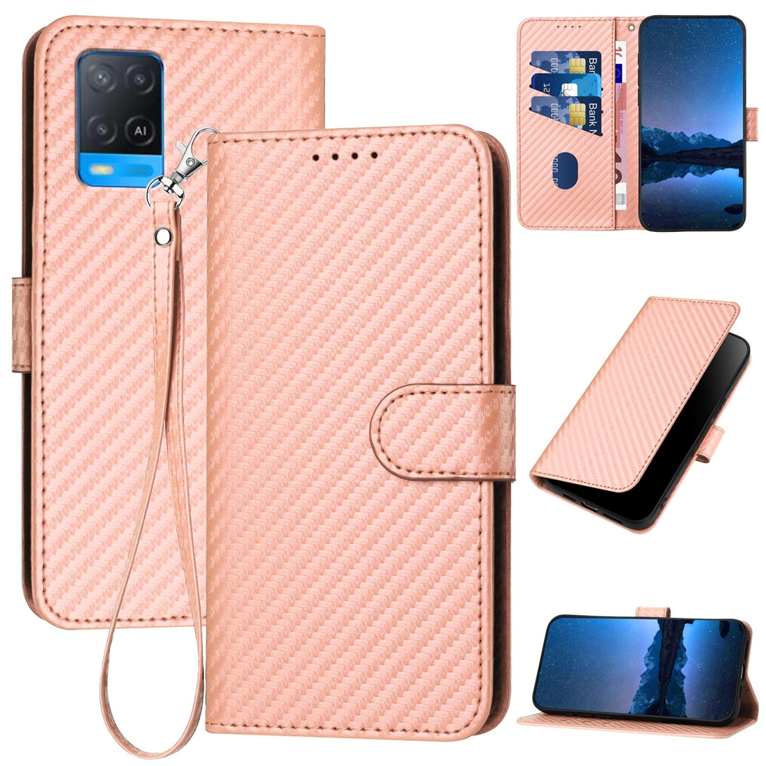 OPPO A54 4G Carbon Fiber Buckle Leather Phone Case with Lanyard, PU Leather TPU Wallet Cover with Card Slot, Cash Compartment, Stand Function & Scratch Protection