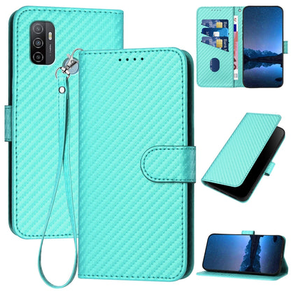 OPPO A53 4G Carbon Fiber Buckle Leather Phone Case with Lanyard, PU Leather TPU Wallet Cover with Card Slot, Cash Compartment, Stand Function & Scratch Protection