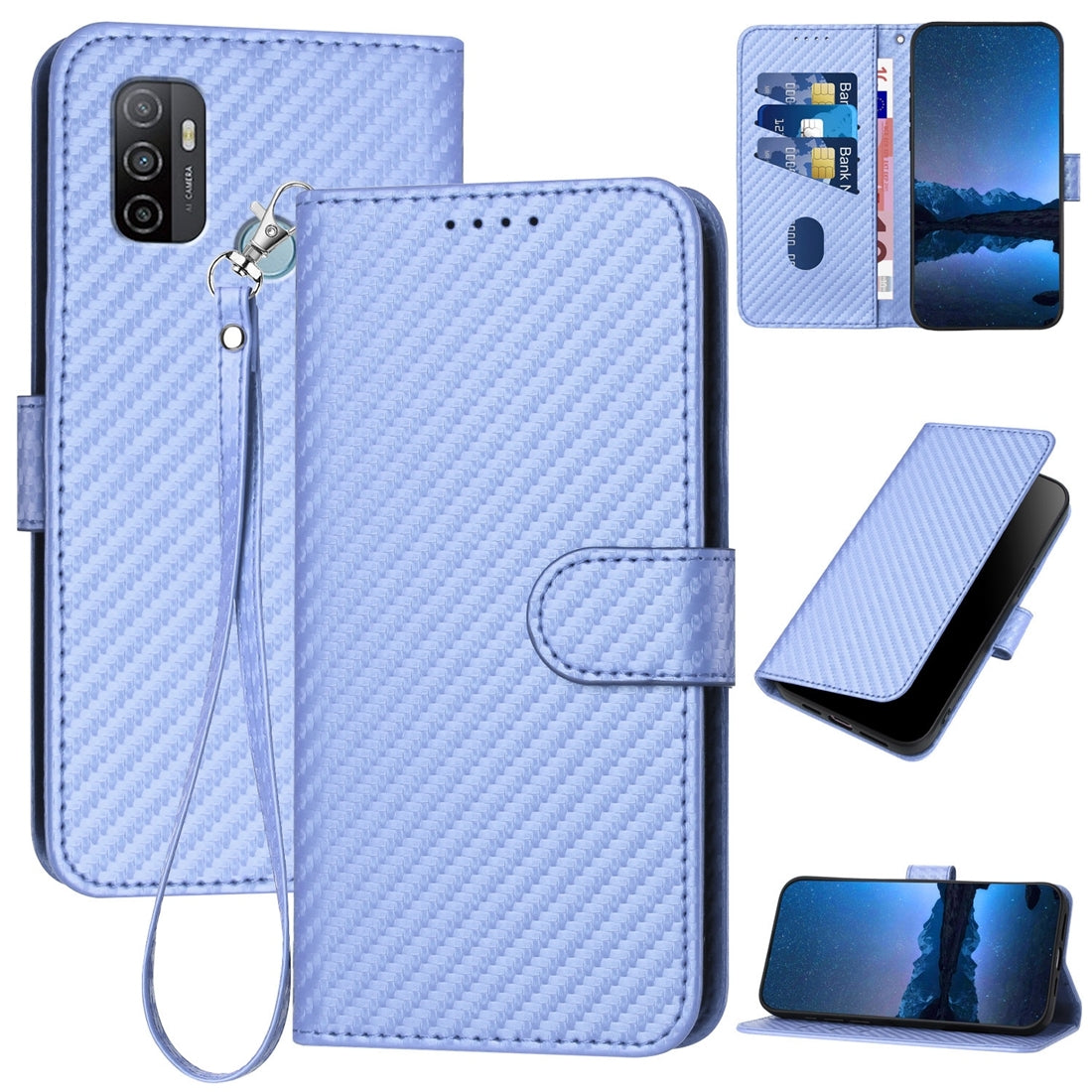 OPPO A53 4G Carbon Fiber Buckle Leather Phone Case with Lanyard, PU Leather TPU Wallet Cover with Card Slot, Cash Compartment, Stand Function & Scratch Protection