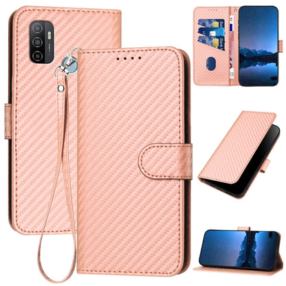 OPPO A53 4G Carbon Fiber Buckle Leather Phone Case with Lanyard, PU Leather TPU Wallet Cover with Card Slot, Cash Compartment, Stand Function & Scratch Protection