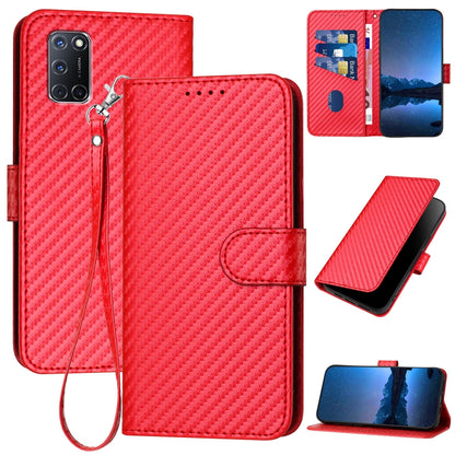 OPPO A52 Carbon Fiber Buckle Leather Phone Case with Lanyard, PU Leather TPU Wallet Cover with Card Slot, Cash Compartment, Stand Function & Scratch Protection