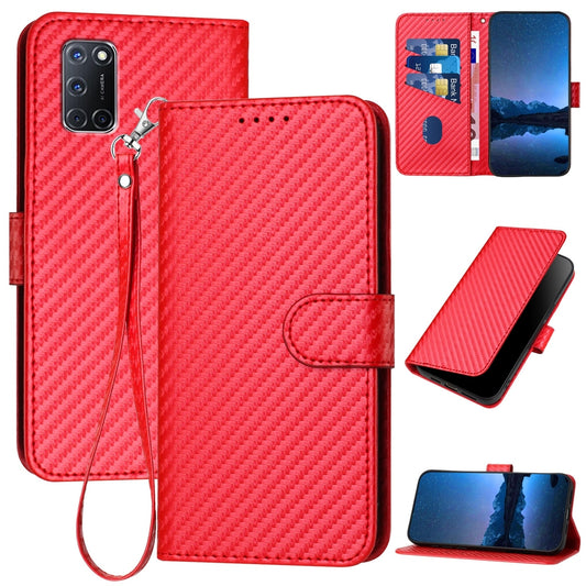 OPPO A92 Carbon Fiber Buckle Leather Phone Case with Lanyard, PU Leather TPU Wallet Cover with Card Slot, Cash Compartment, Stand Function & Scratch Protection