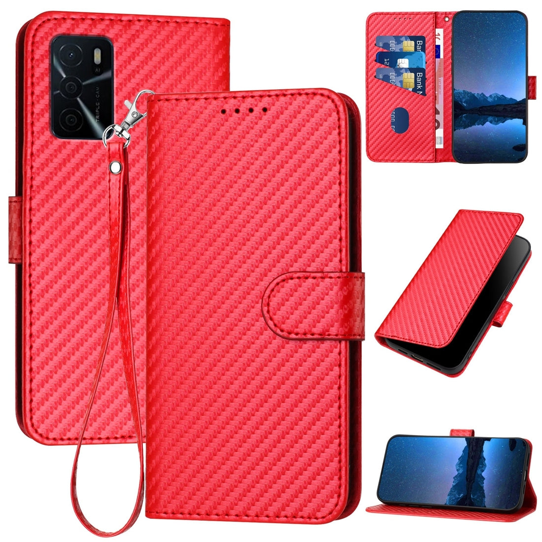 OPPO A16 Carbon Fiber Buckle Leather Phone Case with Lanyard, PU Leather TPU Wallet Cover with Card Slot, Cash Compartment, Stand Function & Scratch Protection