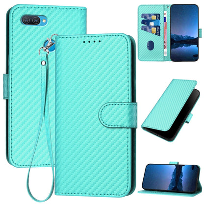 OPPO A7 Carbon Fiber Buckle Leather Phone Case with Lanyard, PU Leather TPU Wallet Cover with Card Slot, Cash Compartment, Stand Function & Scratch Protection