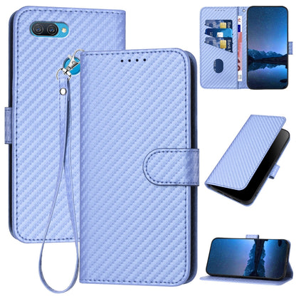 OPPO A5s Carbon Fiber Buckle Leather Phone Case with Lanyard, PU Leather TPU Wallet Cover with Card Slot, Cash Compartment, Stand Function & Scratch Protection