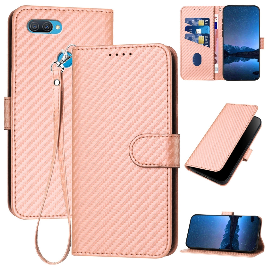 OPPO A7 Carbon Fiber Buckle Leather Phone Case with Lanyard, PU Leather TPU Wallet Cover with Card Slot, Cash Compartment, Stand Function & Scratch Protection