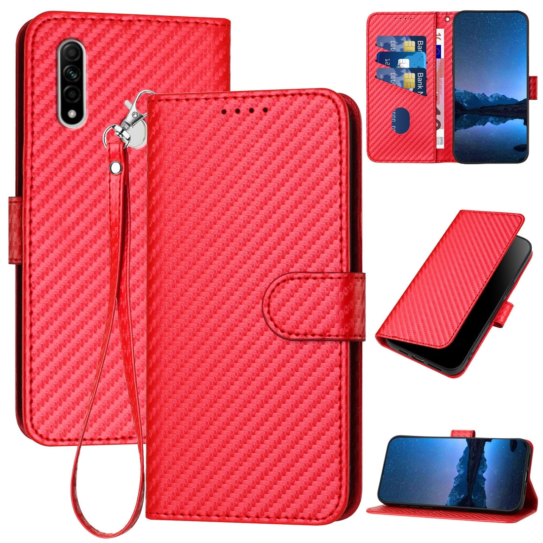 OPPO A8 Carbon Fiber Buckle Leather Phone Case with Lanyard, PU Leather TPU Wallet Cover with Card Slot, Cash Compartment, Stand Function & Scratch Protection