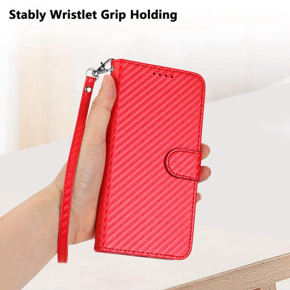 OPPO A31 Carbon Fiber Buckle Leather Phone Case with Lanyard, PU Leather TPU Wallet Cover with Card Slot, Cash Compartment, Stand Function & Scratch Protection