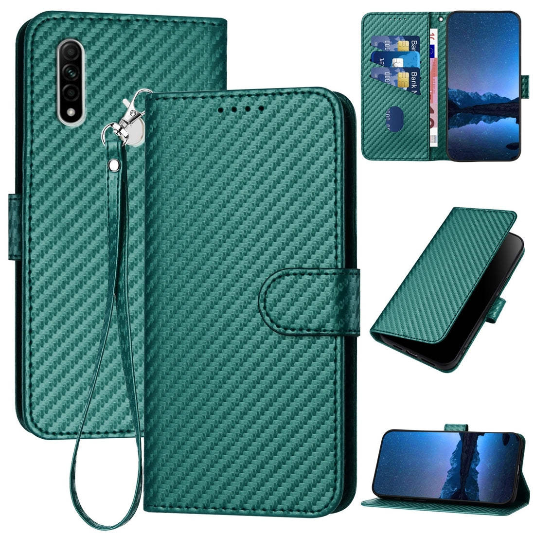 OPPO A8 Carbon Fiber Buckle Leather Phone Case with Lanyard, PU Leather TPU Wallet Cover with Card Slot, Cash Compartment, Stand Function & Scratch Protection